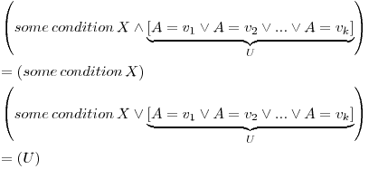 Formula: % MathType!MTEF!2!1!+-
% feaafiart1ev1aaatCvAUfeBSjuyZL2yd9gzLbvyNv2CaerbuLwBLn
% hiov2DGi1BTfMBaeXatLxBI9gBaerbd9wDYLwzYbItLDharqqtubsr
% 4rNCHbGeaGqiVu0Je9sqqrpepC0xbbL8F4rqqrFfpeea0xe9Lq-Jc9
% vqaqpepm0xbba9pwe9Q8fs0-yqaqpepae9pg0FirpepeKkFr0xfr-x
% fr-xb9adbaqaaeGaciGaaiaabeqaamaabaabaaGceaqabeaadaqada
% qaaiaadohacaWGVbGaamyBaiaadwgacaaMc8Uaam4yaiaad+gacaWG
% UbGaamizaiaadMgacaWG0bGaamyAaiaad+gacaWGUbGaaGPaVlaadI
% facqGHNis2daagaaqaamaadmaabaGaamyqaiabg2da9iaadAhadaWg
% aaWcbaGaaGymaaqabaGccqGHOiI2caWGbbGaeyypa0JaamODamaaBa
% aaleaacaaIYaaabeaakiabgIIiAlaac6cacaGGUaGaaiOlaiabgIIi
% AlaadgeacqGH9aqpcaWG2bWaaSbaaSqaaiaadUgaaeqaaaGccaGLBb
% GaayzxaaaaleaacaWGvbaakiaawIJ-aaGaayjkaiaawMcaaaqaaiab
% g2da9maabmaabaGaam4Caiaad+gacaWGTbGaamyzaiaaykW7caWGJb
% Gaam4Baiaad6gacaWGKbGaamyAaiaadshacaWGPbGaam4Baiaad6ga
% caaMc8UaamiwaaGaayjkaiaawMcaaaqaamaabmaabaGaam4Caiaad+
% gacaWGTbGaamyzaiaaykW7caWGJbGaam4Baiaad6gacaWGKbGaamyA
% aiaadshacaWGPbGaam4Baiaad6gacaaMc8UaamiwaiabgIIiApaaya
% aabaWaamWaaeaacaWGbbGaeyypa0JaamODamaaBaaaleaacaaIXaaa
% beaakiabgIIiAlaadgeacqGH9aqpcaWG2bWaaSbaaSqaaiaaikdaae
% qaaOGaeyikIOTaaiOlaiaac6cacaGGUaGaeyikIOTaamyqaiabg2da
% 9iaadAhadaWgaaWcbaGaam4AaaqabaaakiaawUfacaGLDbaaaSqaai
% aadwfaaOGaayjo+daacaGLOaGaayzkaaaabaGaeyypa0ZaaeWaaeaa
% caWGvbaacaGLOaGaayzkaaaaaaa!A18B!
\[
\begin{gathered}
\left( {some\,condition\,X \wedge \underbrace {\left[ {A = v_1 \vee A = v_2 \vee ... \vee A = v_k } \right]}_U} \right) \hfill \\
= \left( {some\,condition\,X} \right) \hfill \\
\left( {some\,condition\,X \vee \underbrace {\left[ {A = v_1 \vee A = v_2 \vee ... \vee A = v_k } \right]}_U} \right) \hfill \\
= \left( U \right) \hfill \\
\end{gathered}
\]
